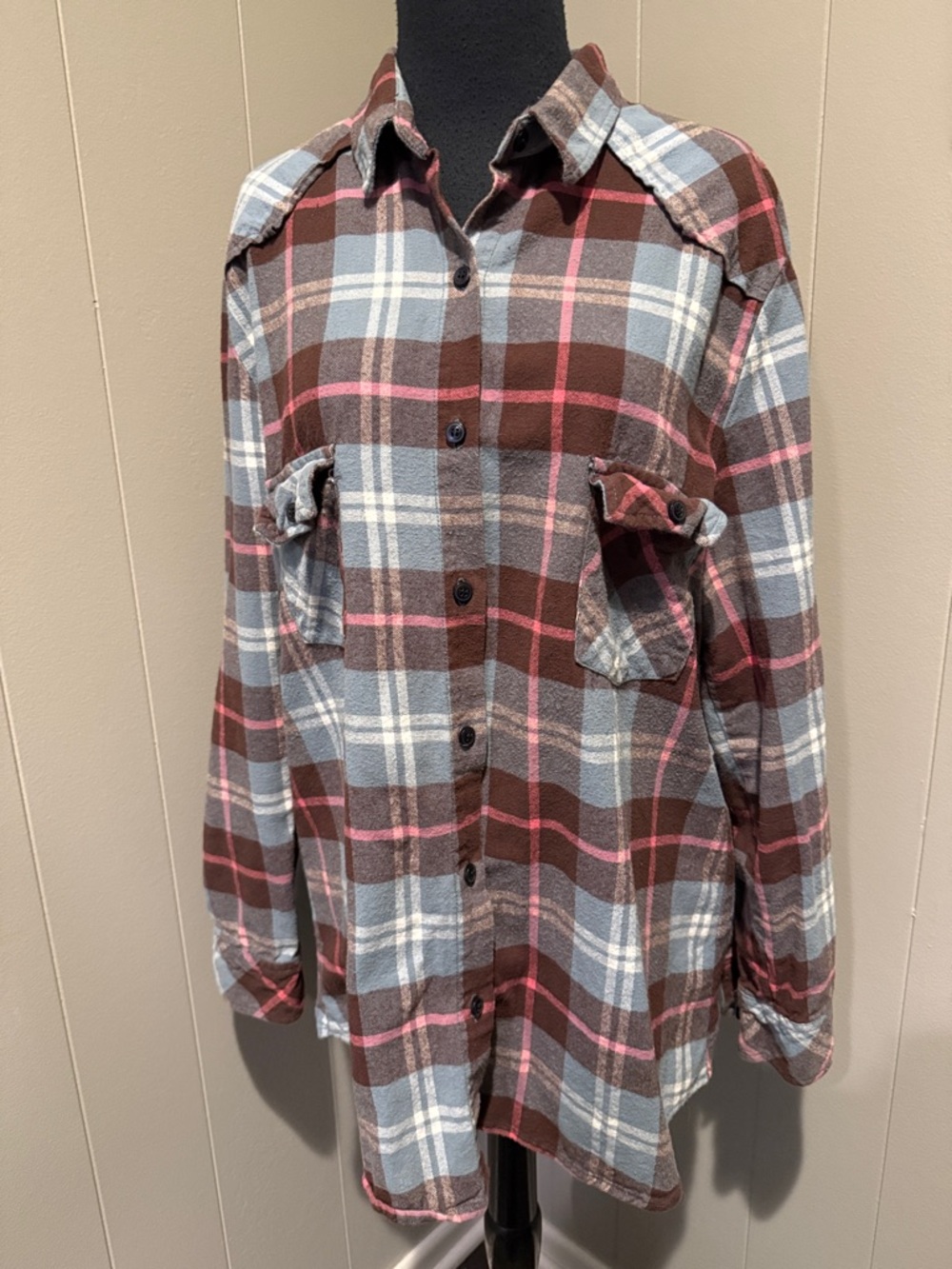 B39 Matchstick Women’s XL Relaxed Plaid Long Button-Down Shirt